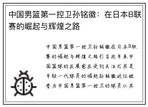 中国男篮第一控卫孙铭徽：在日本B联赛的崛起与辉煌之路