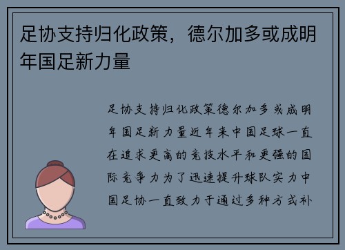 足协支持归化政策，德尔加多或成明年国足新力量