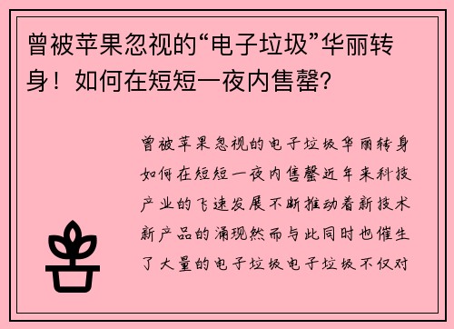 曾被苹果忽视的“电子垃圾”华丽转身！如何在短短一夜内售罄？