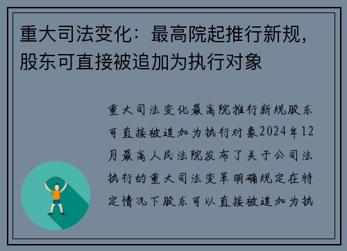 重大司法变化：最高院起推行新规，股东可直接被追加为执行对象