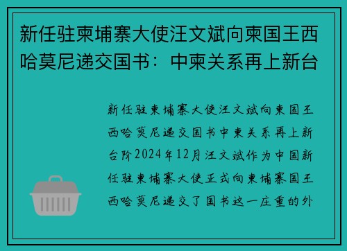 新任驻柬埔寨大使汪文斌向柬国王西哈莫尼递交国书：中柬关系再上新台阶